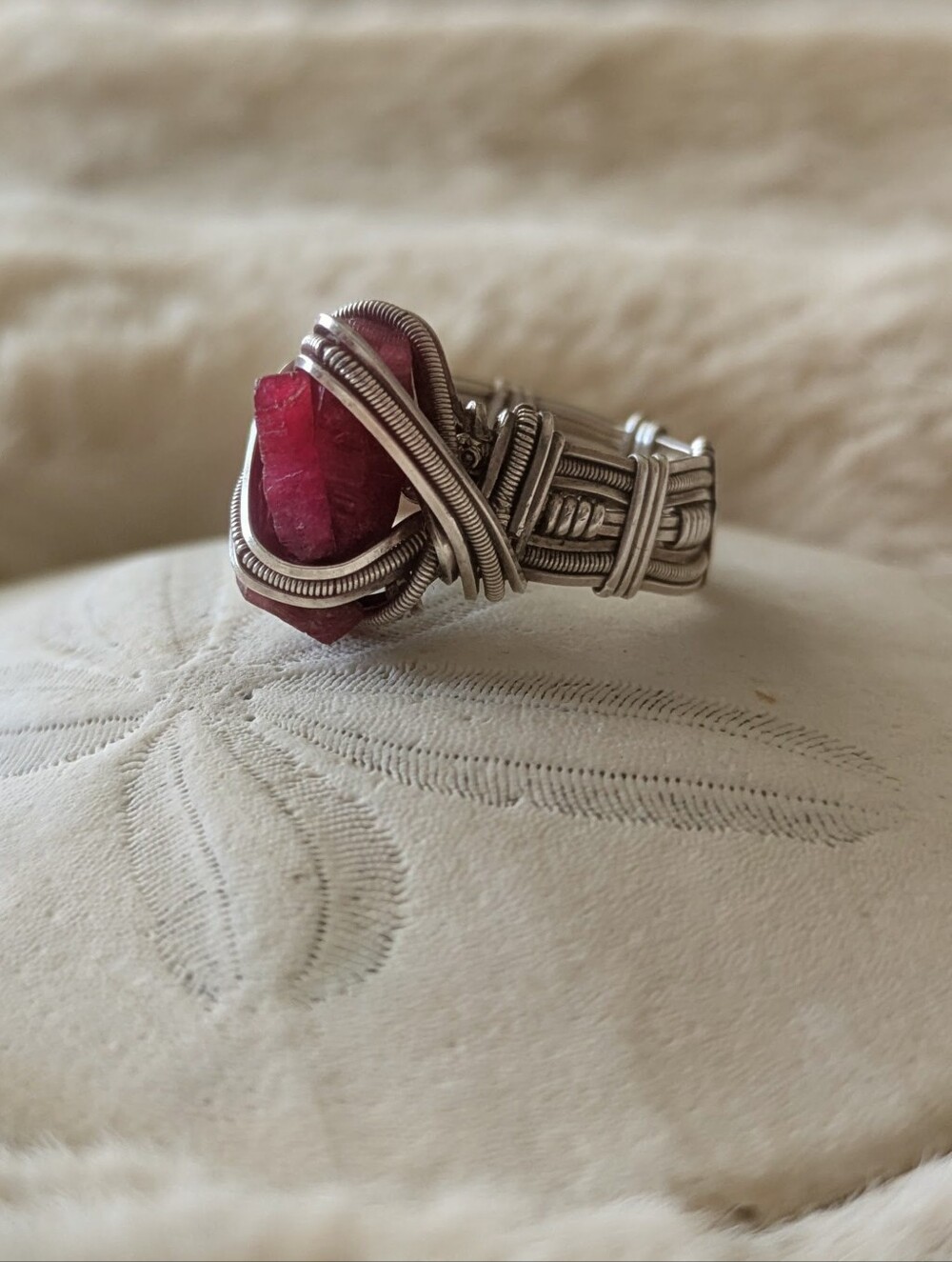 Handcrafted Sterling Silver Wire-Wrapped Ring – Raw Deep Red Garnet Size 7.25